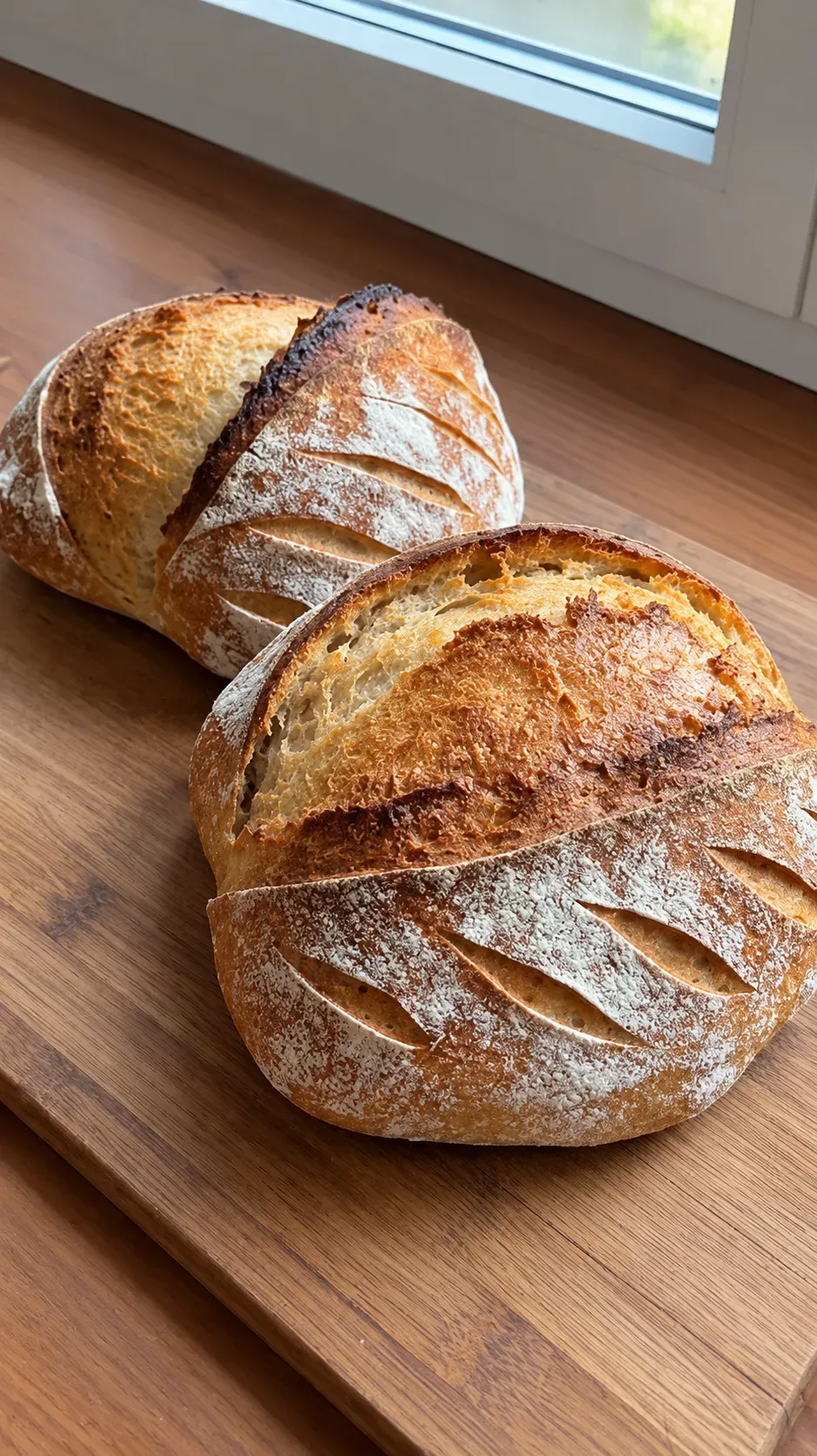 Kaksi tuoretta hapanjuurileipää leikkuulaudalla